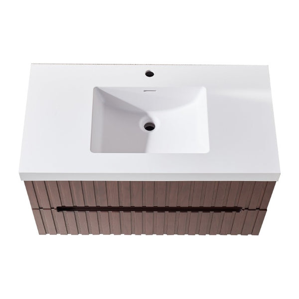 English Elm 36 Inch Floating Bathroom Vanity in Dark Walnut with Integrated Acrylic Basin Two Drawers W1826P527589