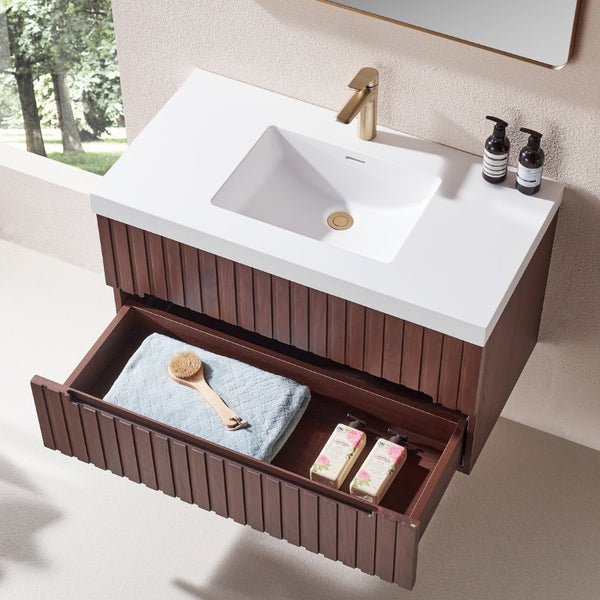 English Elm 36 Inch Floating Bathroom Vanity in Dark Walnut with Integrated Acrylic Basin Two Drawers W1826P527589