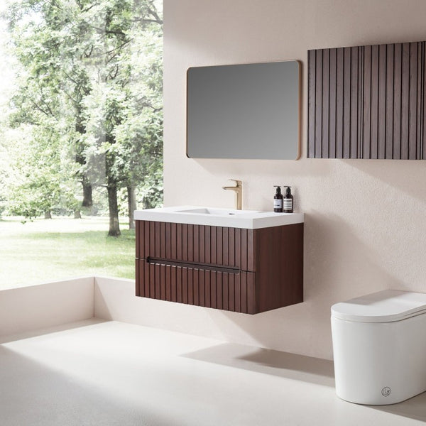 English Elm 36 Inch Floating Bathroom Vanity in Dark Walnut with Integrated Acrylic Basin Two Drawers W1826P527589