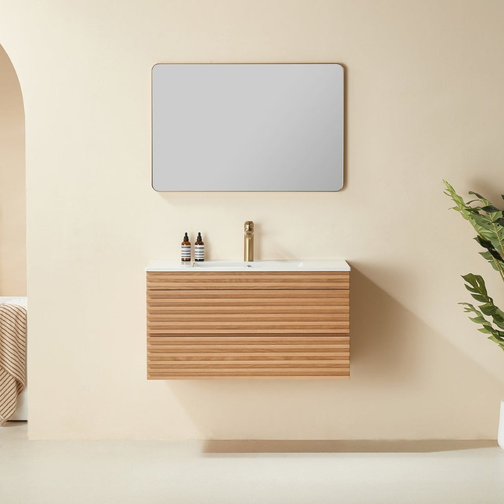 English Elm Pre-Assembled Floating Wall Mounted Vanity with Ceramic Sink and Two Drawer Storage W1826S00006
