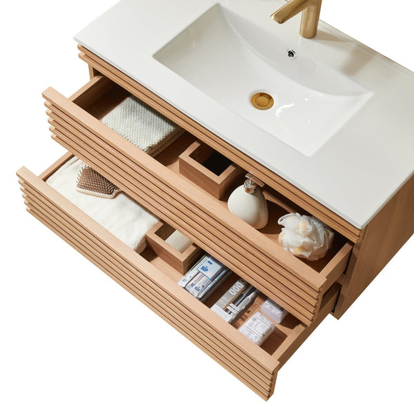 English Elm Pre-Assembled Floating Wall Mounted Vanity with Ceramic Sink and Two Drawer Storage W1826S00006
