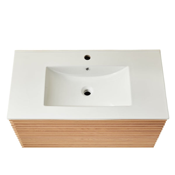 English Elm Pre-Assembled Floating Wall Mounted Vanity with Ceramic Sink and Two Drawer Storage W1826S00006