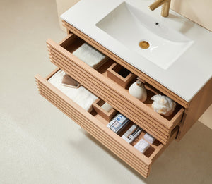 English Elm Pre-Assembled Floating Wall Mounted Vanity with Ceramic Sink and Two Drawer Storage W1826S00006