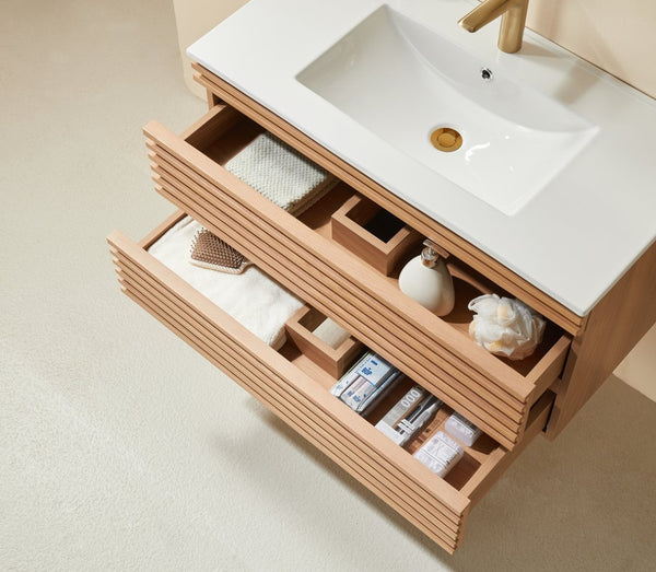 English Elm Pre-Assembled Floating Wall Mounted Vanity with Ceramic Sink and Two Drawer Storage W1826S00006
