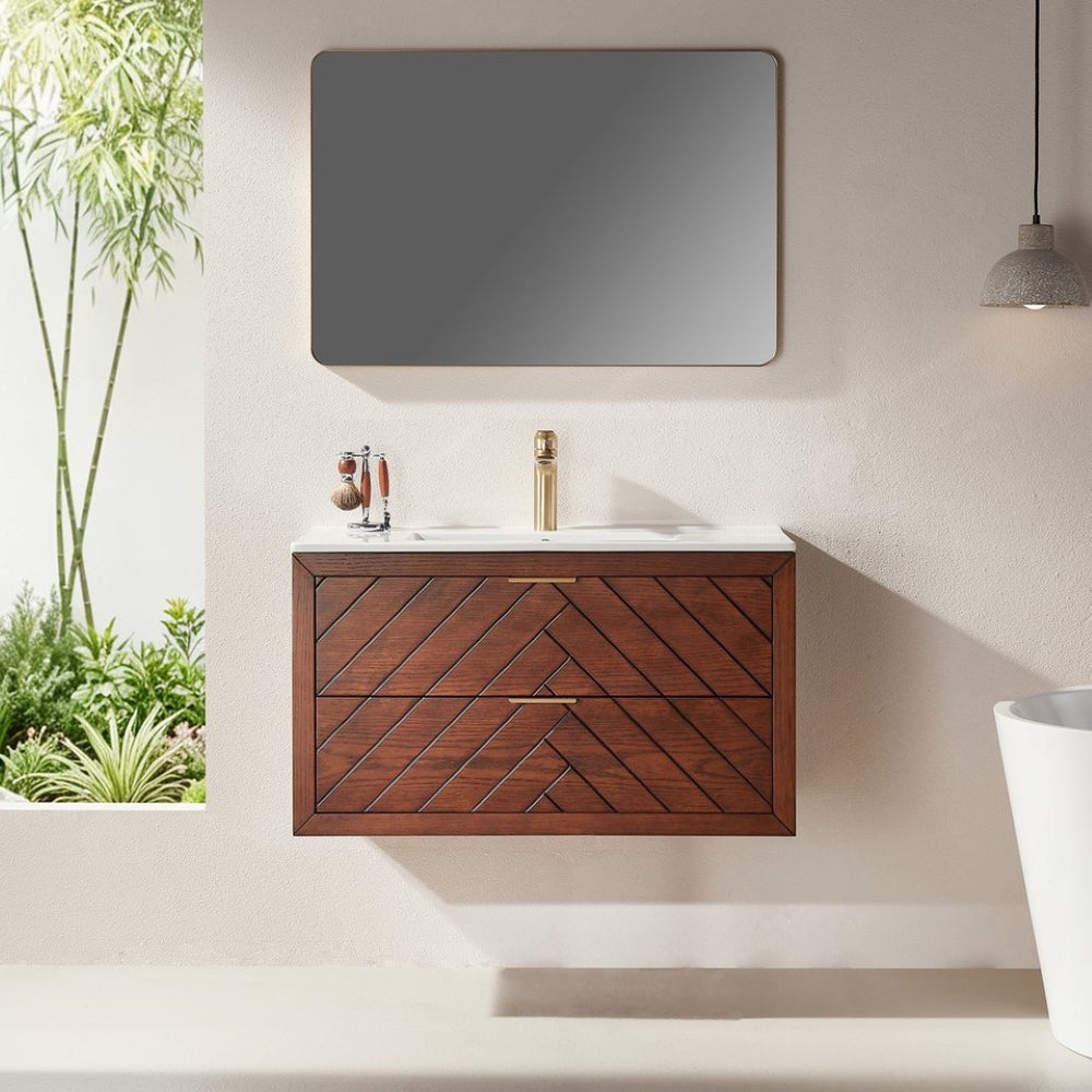 English Elm Pre-Assembled Floating Bathroom Vanity with Ceramic Sink and Two Deep Storage Drawers W1826S00007