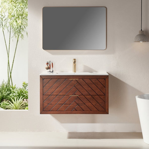 English Elm Pre-Assembled Floating Bathroom Vanity with Ceramic Sink and Two Deep Storage Drawers W1826S00007