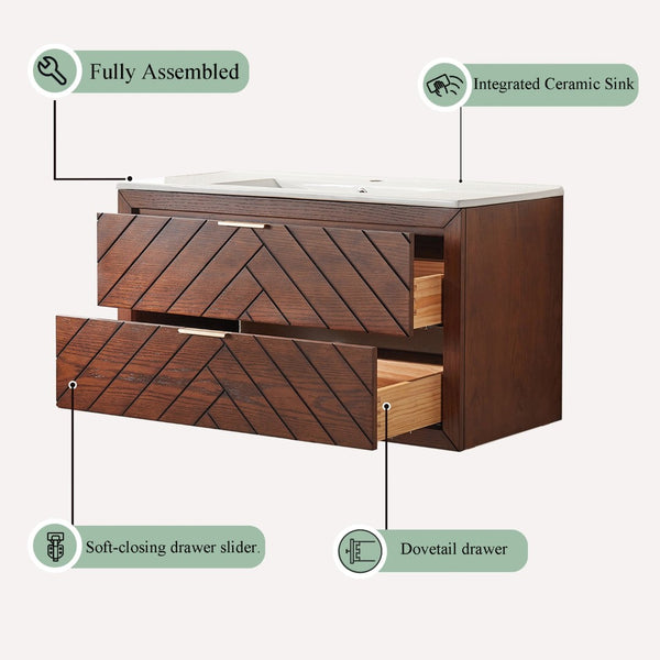 English Elm Pre-Assembled Floating Bathroom Vanity with Ceramic Sink and Two Deep Storage Drawers W1826S00007