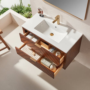 English Elm Pre-Assembled Floating Bathroom Vanity with Ceramic Sink and Two Deep Storage Drawers W1826S00007