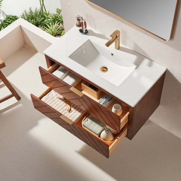 English Elm Pre-Assembled Floating Bathroom Vanity with Ceramic Sink and Two Deep Storage Drawers W1826S00007