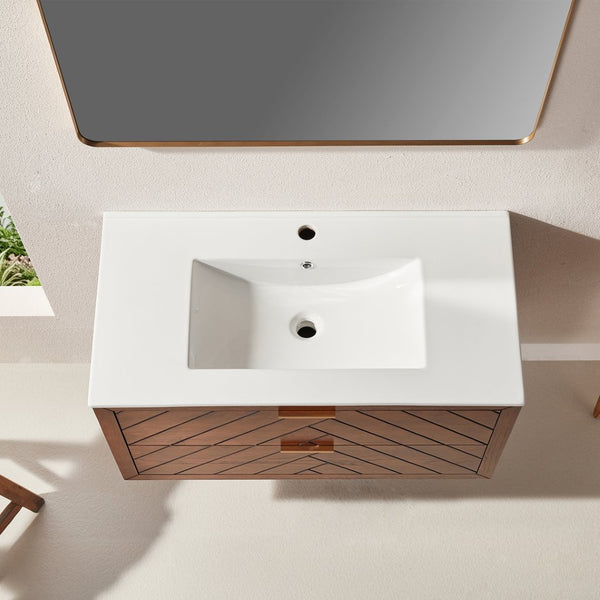English Elm Pre-Assembled Floating Bathroom Vanity with Ceramic Sink and Two Deep Storage Drawers W1826S00007