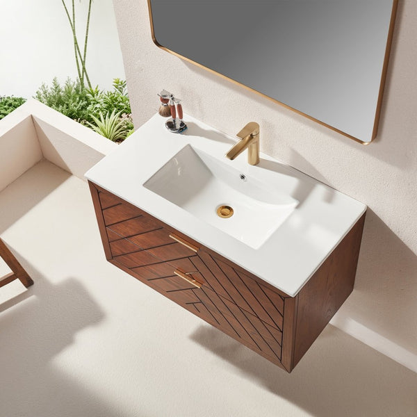 English Elm Pre-Assembled Floating Bathroom Vanity with Ceramic Sink and Two Deep Storage Drawers W1826S00007