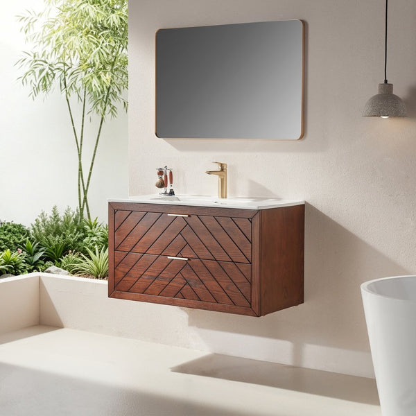 English Elm Pre-Assembled Floating Bathroom Vanity with Ceramic Sink and Two Deep Storage Drawers W1826S00007