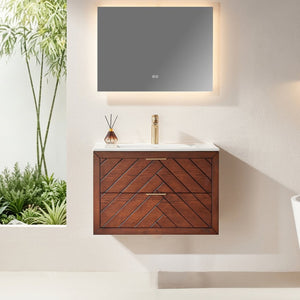 English Elm 30" Floating Wall Mounted Vanity Cabinet with Ceramic Sink Two Drawers Plywood Build W1826S00008