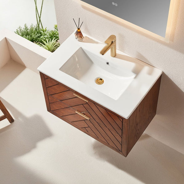 English Elm 30" Floating Wall Mounted Vanity Cabinet with Ceramic Sink Two Drawers Plywood Build W1826S00008