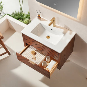 English Elm 30" Floating Wall Mounted Vanity Cabinet with Ceramic Sink Two Drawers Plywood Build W1826S00008