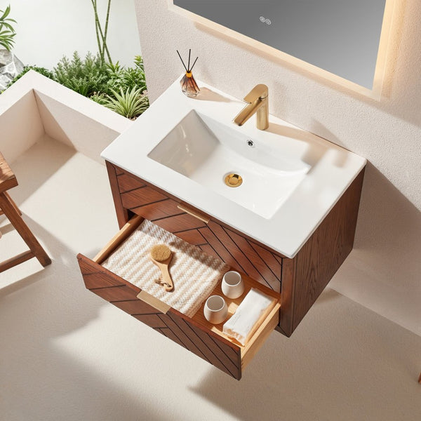 English Elm 30" Floating Wall Mounted Vanity Cabinet with Ceramic Sink Two Drawers Plywood Build W1826S00008