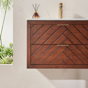 English Elm 30" Floating Wall Mounted Vanity Cabinet with Ceramic Sink Two Drawers Plywood Build W1826S00008