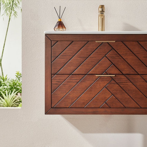 English Elm 30" Floating Wall Mounted Vanity Cabinet with Ceramic Sink Two Drawers Plywood Build W1826S00008