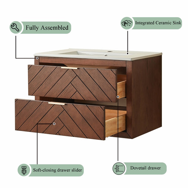 English Elm 30" Floating Wall Mounted Vanity Cabinet with Ceramic Sink Two Drawers Plywood Build W1826S00008