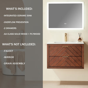 English Elm 30" Floating Wall Mounted Vanity Cabinet with Ceramic Sink Two Drawers Plywood Build W1826S00008