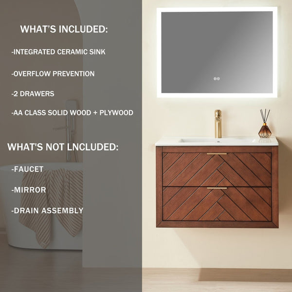 English Elm 30" Floating Wall Mounted Vanity Cabinet with Ceramic Sink Two Drawers Plywood Build W1826S00008