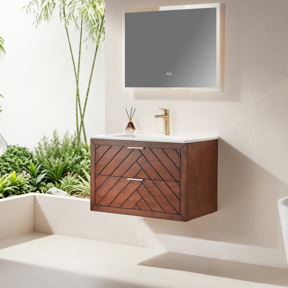 English Elm 30" Floating Wall Mounted Vanity Cabinet with Ceramic Sink Two Drawers Plywood Build W1826S00008