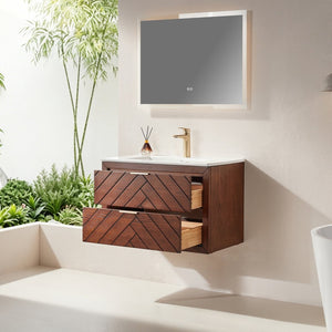 English Elm 30" Floating Wall Mounted Vanity Cabinet with Ceramic Sink Two Drawers Plywood Build W1826S00008