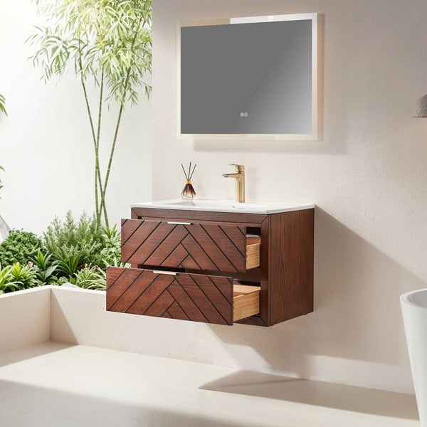 English Elm 30" Floating Wall Mounted Vanity Cabinet with Ceramic Sink Two Drawers Plywood Build W1826S00008