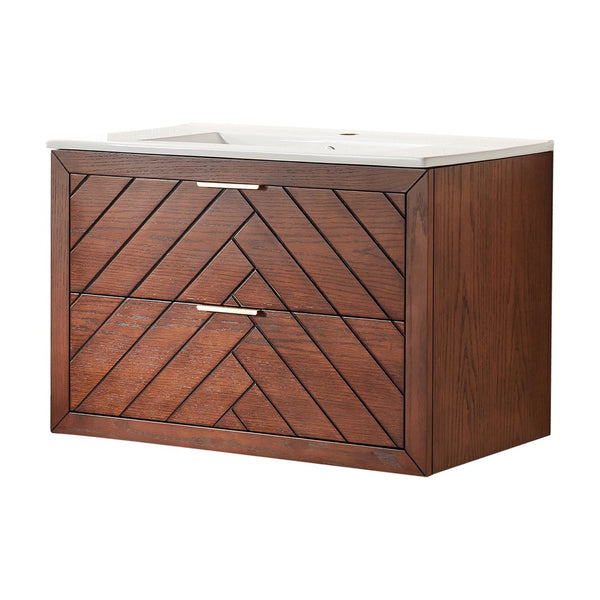 English Elm 30" Floating Wall Mounted Vanity Cabinet with Ceramic Sink Two Drawers Plywood Build W1826S00008