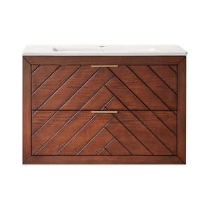 English Elm 30" Floating Wall Mounted Vanity Cabinet with Ceramic Sink Two Drawers Plywood Build W1826S00008