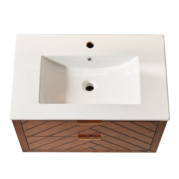 English Elm 30" Floating Wall Mounted Vanity Cabinet with Ceramic Sink Two Drawers Plywood Build W1826S00008