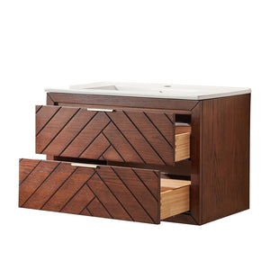 English Elm 30" Floating Wall Mounted Vanity Cabinet with Ceramic Sink Two Drawers Plywood Build W1826S00008
