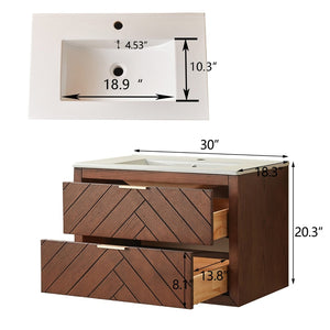 English Elm 30" Floating Wall Mounted Vanity Cabinet with Ceramic Sink Two Drawers Plywood Build W1826S00008