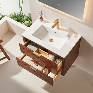 English Elm 30" Floating Wall Mounted Vanity Cabinet with Ceramic Sink Two Drawers Plywood Build W1826S00008