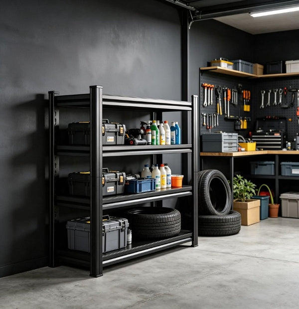 English Elm 4-Tier Black Steel Shelving Unit with Adjustable Heights for Garage and Office W1831P601856