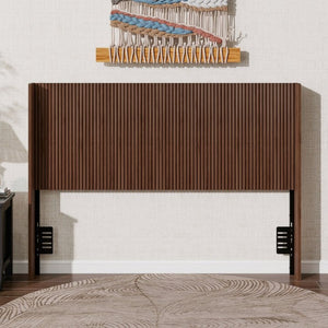 English Elm Walnut Fluted Wood Headboard Freestanding Mid Century Modern Design for Queen Full Twin W1858P412236