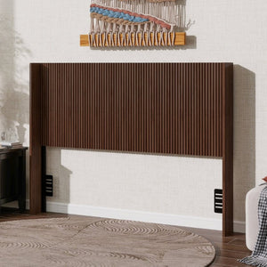 English Elm Walnut Fluted Wood Headboard Freestanding Mid Century Modern Design for Queen Full Twin W1858P412236