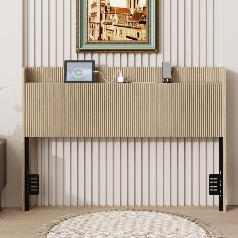 English Elm Fluted Wood Headboard with Storage Compartment and Built-In Charging for Queen Bed W1858P412237