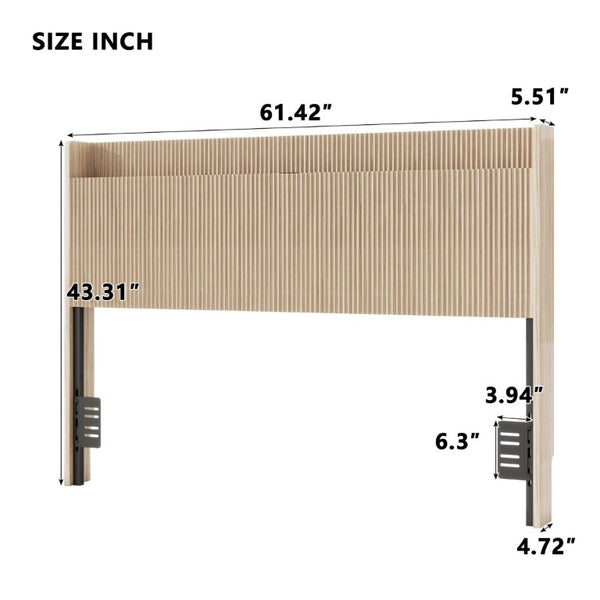 English Elm Fluted Wood Headboard with Storage Compartment and Built-In Charging for Queen Bed W1858P412237