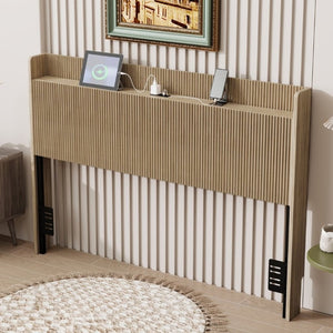 English Elm Fluted Wood Headboard with Storage Compartment and Built-In Charging for Queen Bed W1858P412237
