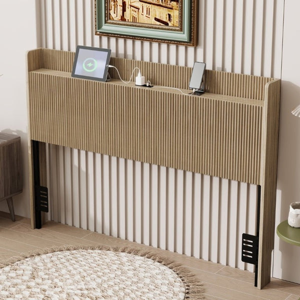 English Elm Fluted Wood Headboard with Storage Compartment and Built-In Charging for Queen Bed W1858P412237