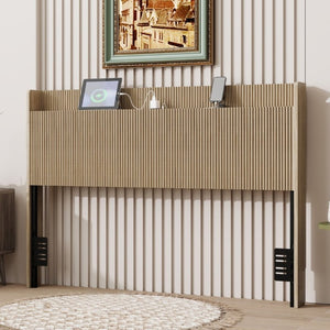 English Elm Fluted Wood Headboard with Storage Compartment and Built-In Charging for Queen Bed W1858P412237