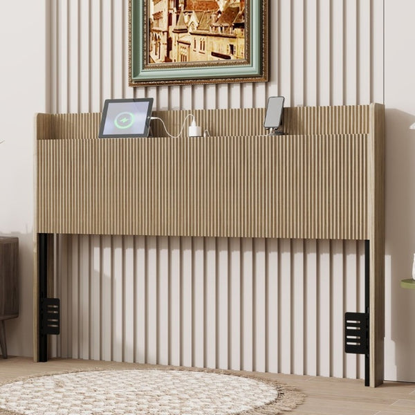English Elm Fluted Wood Headboard with Storage Compartment and Built-In Charging for Queen Bed W1858P412237