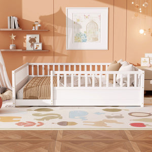English Elm Queen Montessori Pine Floor Bed with Full Guardrail and Door Panel for Kids White W1858P475434