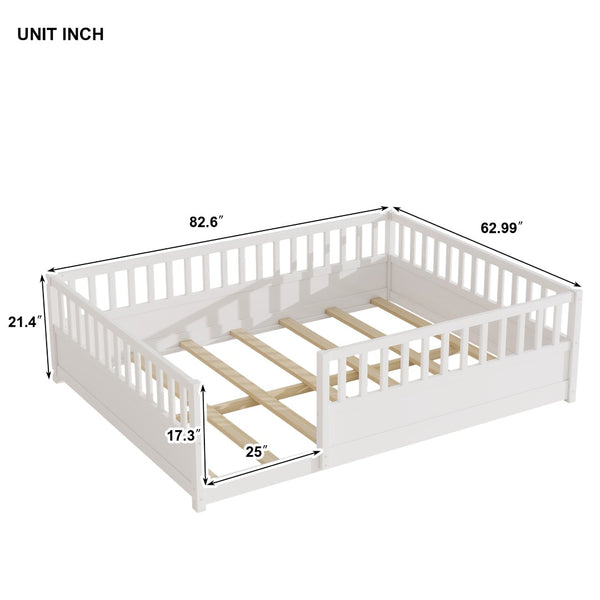 English Elm Queen Montessori Pine Floor Bed with Full Guardrail and Door Panel for Kids White W1858P475434