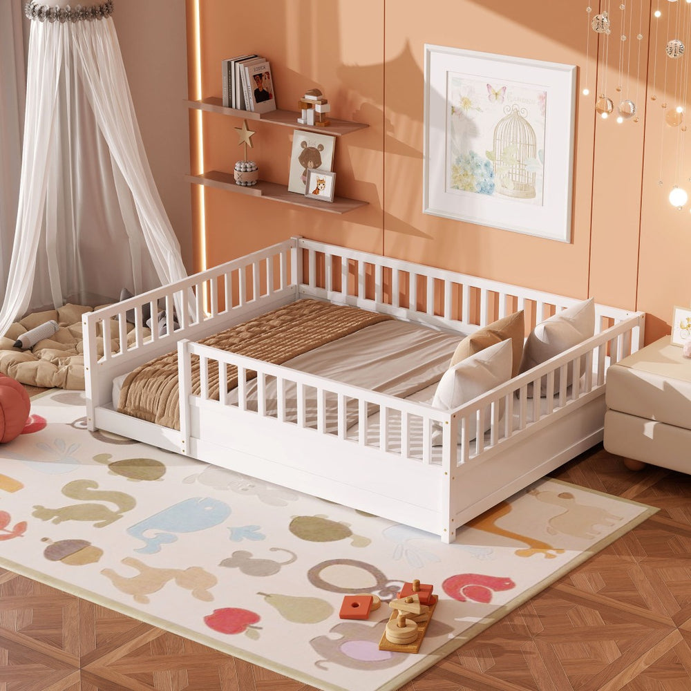English Elm Queen Montessori Pine Floor Bed with Full Guardrail and Door Panel for Kids White W1858P475434