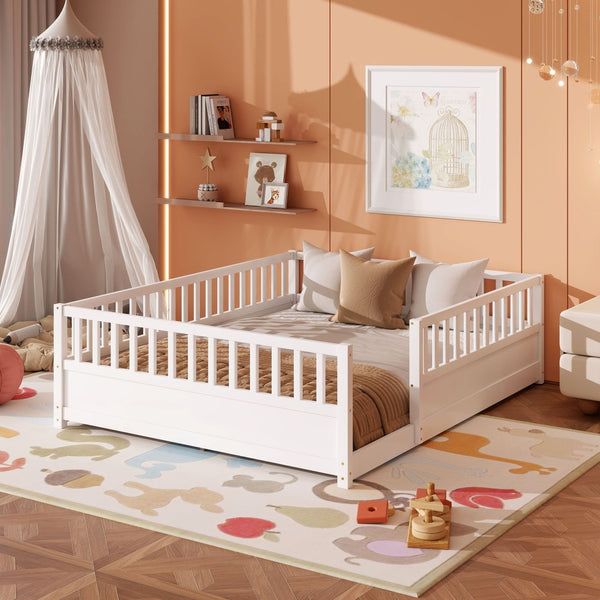 English Elm Queen Montessori Pine Floor Bed with Full Guardrail and Door Panel for Kids White W1858P475434