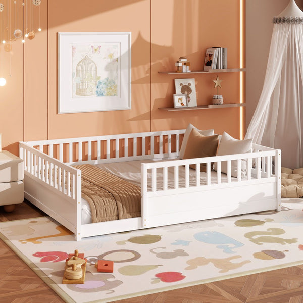 English Elm Queen Montessori Pine Floor Bed with Full Guardrail and Door Panel for Kids White W1858P475434