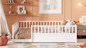 English Elm Queen Montessori Pine Floor Bed with Full Guardrail and Door Panel for Kids White W1858P475434