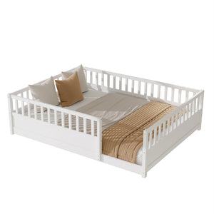 English Elm Queen Montessori Pine Floor Bed with Full Guardrail and Door Panel for Kids White W1858P475434